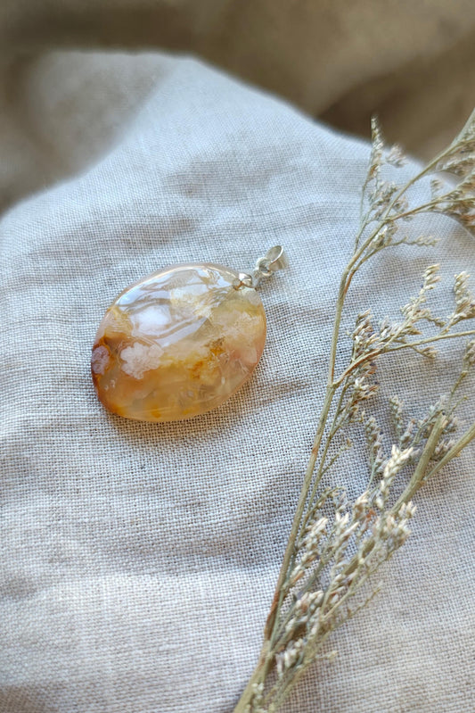 Agate Fleur de Cerisier - Pendentif - Lithothérapie - Pierres Naturelles - Epanouissement - Renaissance - Sérénité - Lâcher-Prise - Modèle D